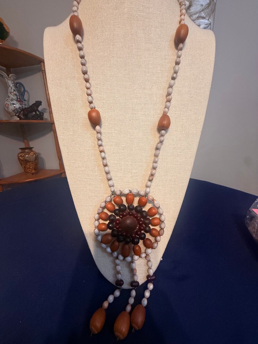 Boho Wood Bead Statement Necklace 30”